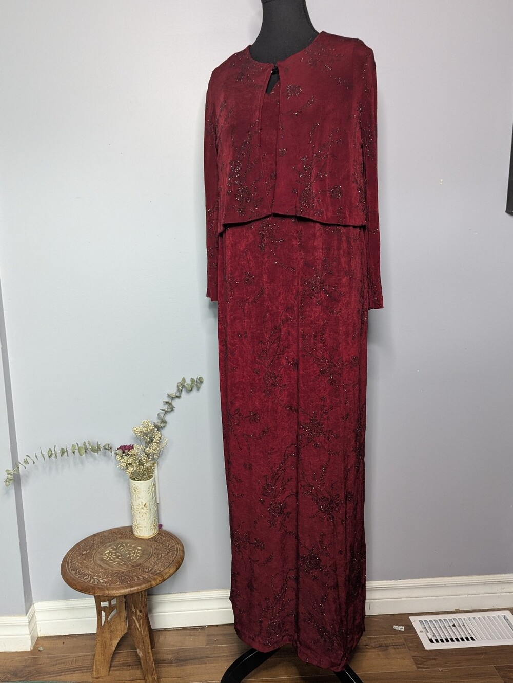 VTG 90s Steena Burgundy Glitter Column Maxi Dress & Cropped Jacket Set Medium